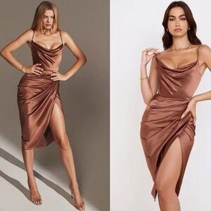 HOUSE OF CB Women Reva Satin Gathered Corset Dress Toffee Size Small  $255 NEW